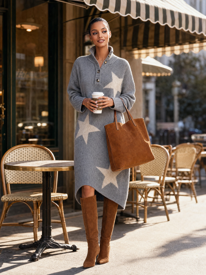 Comfortable And Fashionable Lapel Front Button Star Pattern Gray Knitted Midi Dress