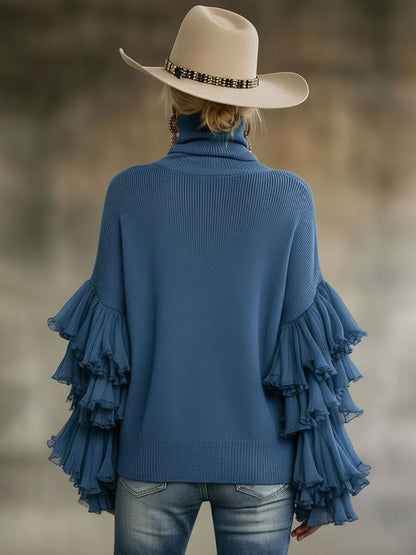 Turtleneck Ruffle Sleeve Knit Pullover Sweater
