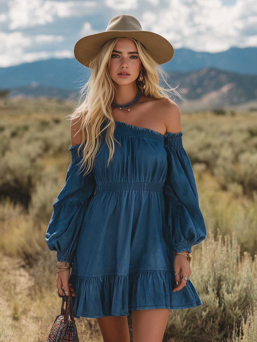 Vintage Single-shoulder Long-sleeved Ruffled Denim Mini Dress