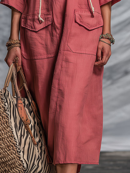 Western-style Pink Linen Button-down Hooded With Partial Zebra Print Midi Dress