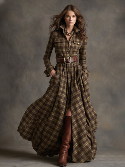 Retro Ethnic Style Lapel Reddish Brown Plaid Maxi Dress