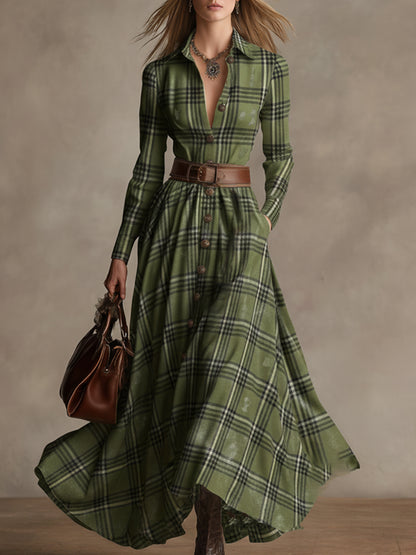 Vintage Bohemian Distressed Green Plaid Lapel Button-down Maxi Dress