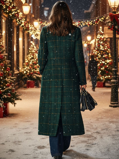 【24-hour shipping out】Casual Loose Retro Pocket Woolen Plaid Mid-Length Coat