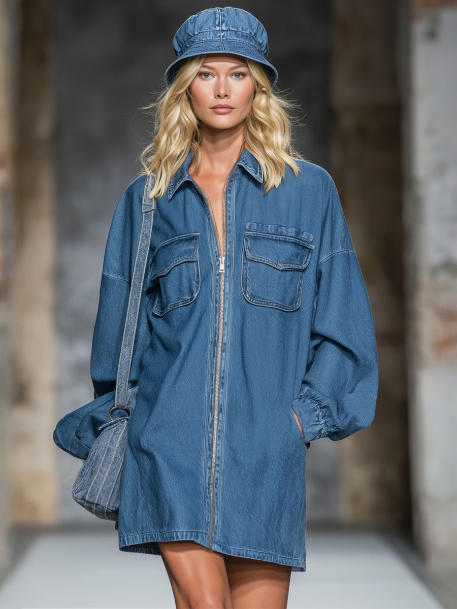 Collared Multi-pocket Zippered Denim Mini Dress