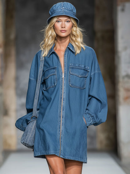 Collared Multi-pocket Zippered Denim Mini Dress