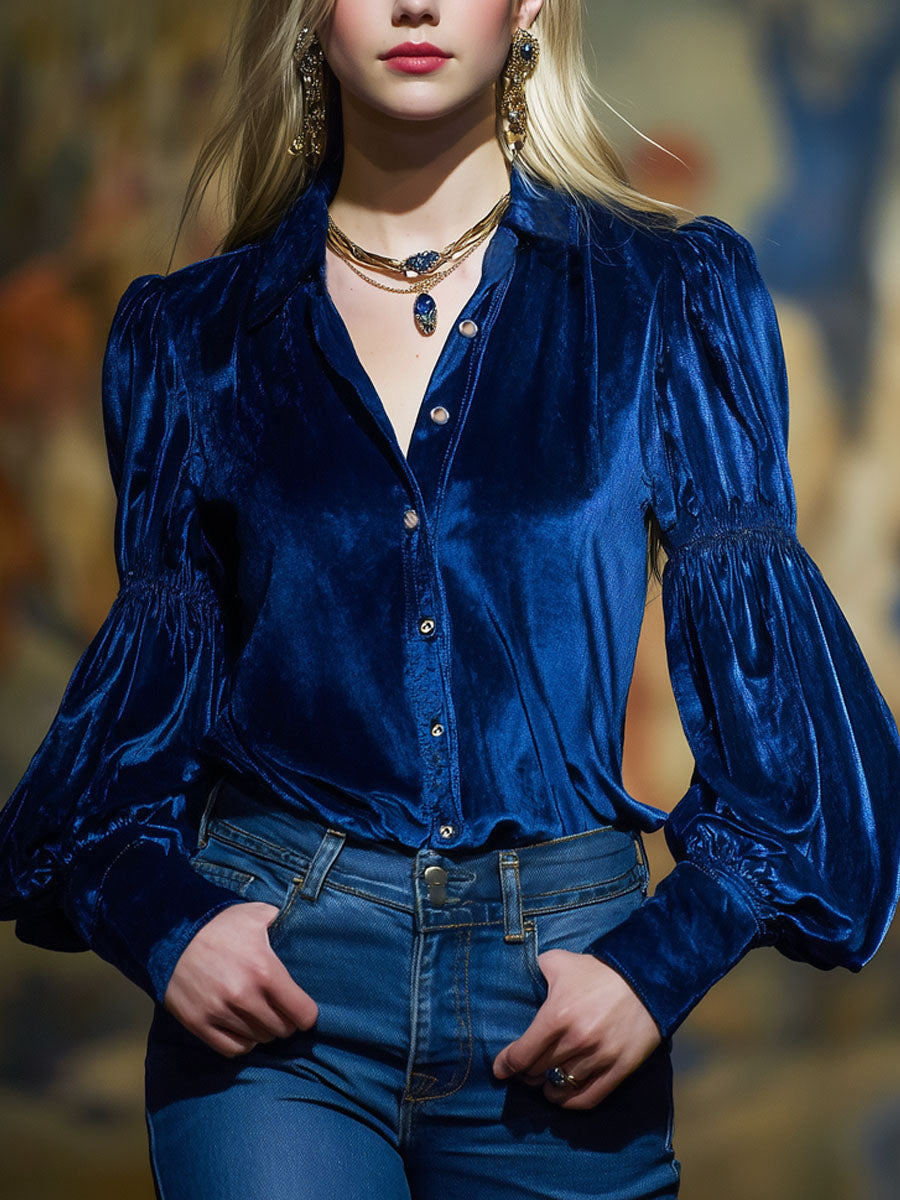 Elegant Lapel Velvet Puff Sleeve Shirt