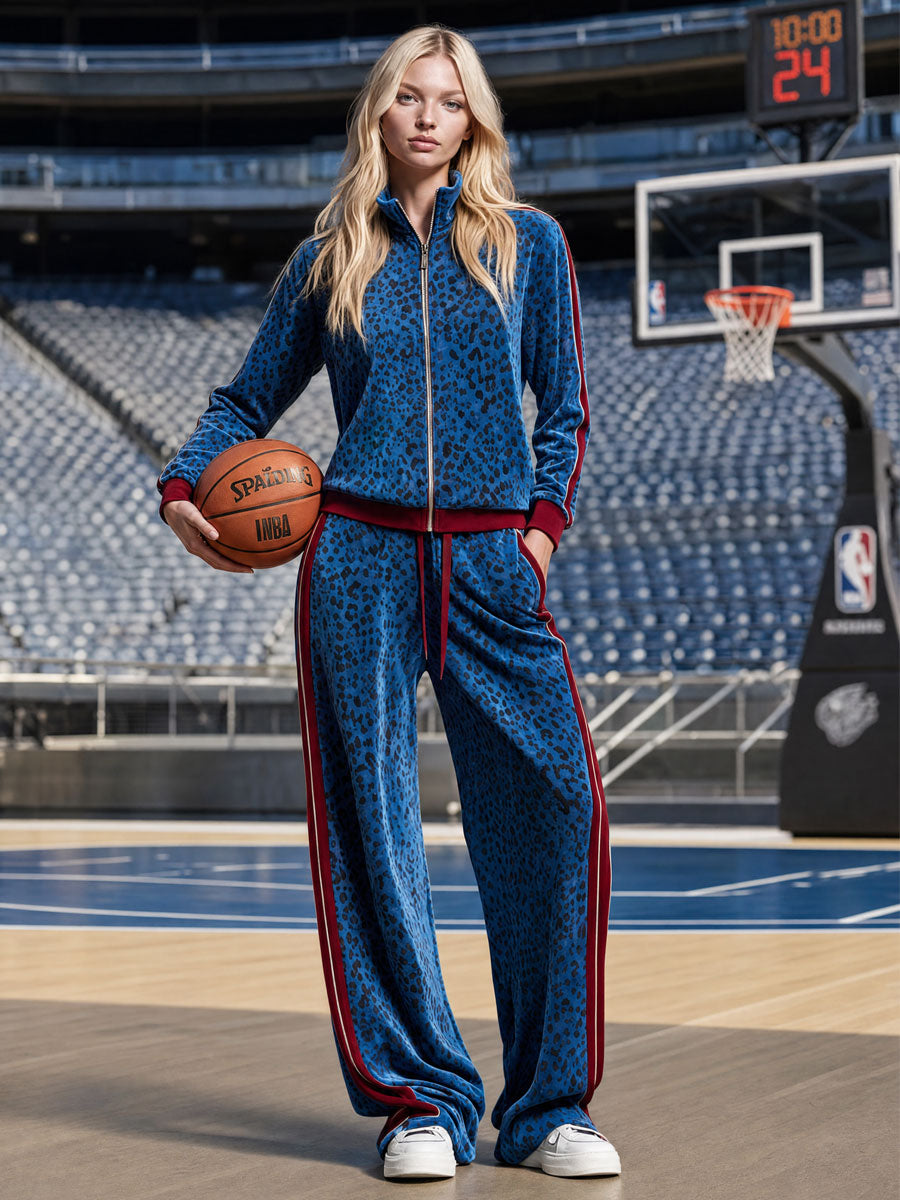 Casual Retro Zip-up Blue Velvet Leopard Print Jacket And Pants Set
