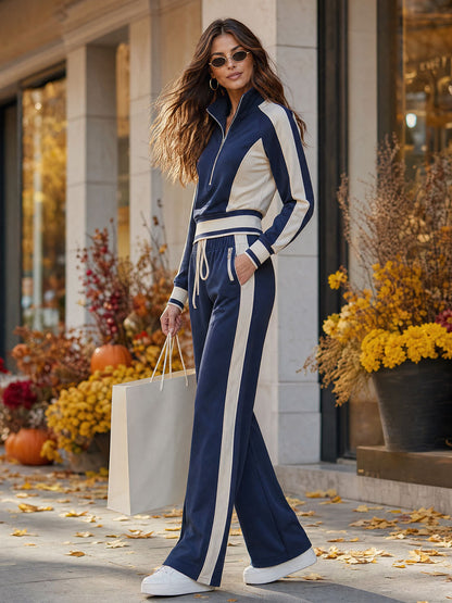 Casual Retro Sporty Blue And White Color-blocked Cotton Top And Pants Set