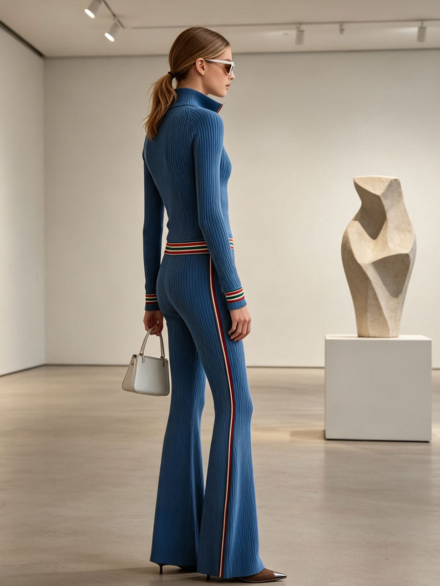 Simple And Elegant Striped Turtleneck Blue Knit Top And Flared Pants Set