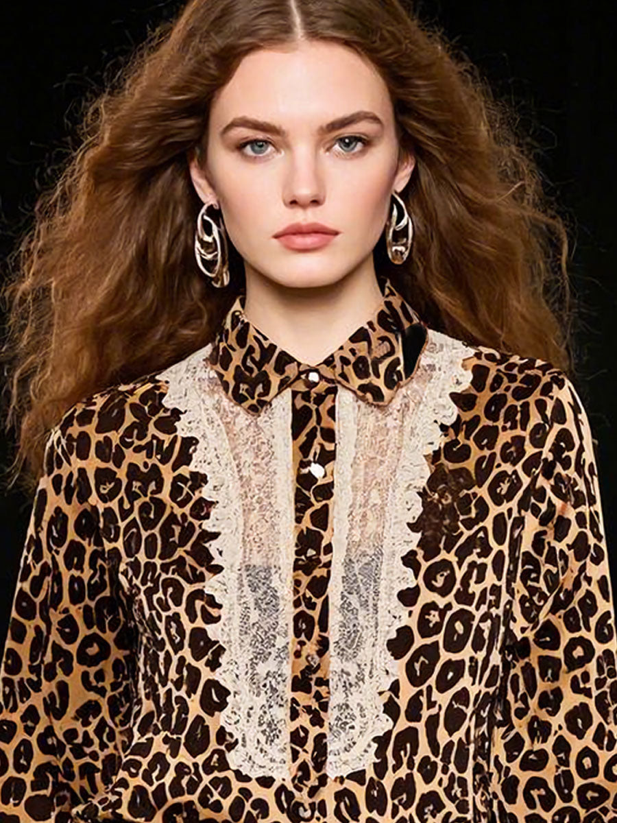 Casual Retro Satin Leopard Print Lace Stitching Long Sleeve Blouse