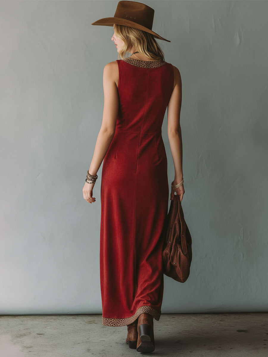 Leopard Print V-neck Faux Suede Sleeveless Maxi Dress