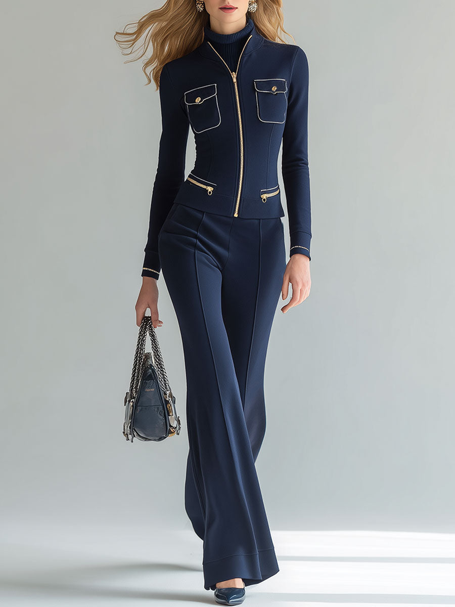 Casual And Versatile Blue Zippered Cotton Jacket And Pants Set.