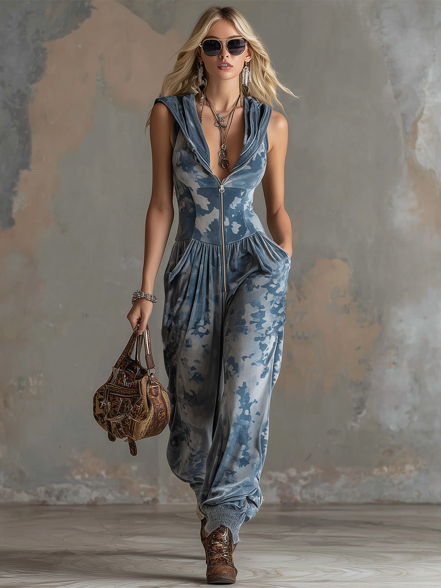 Stylish Sporty Grey-blue Camouflage Print Velvet Hooded Sleeveless Jumpsuit