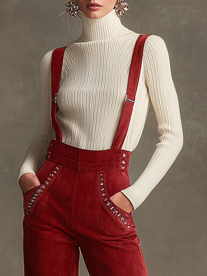 Western Retro Red Faux Suede Studded Tassel Overalls