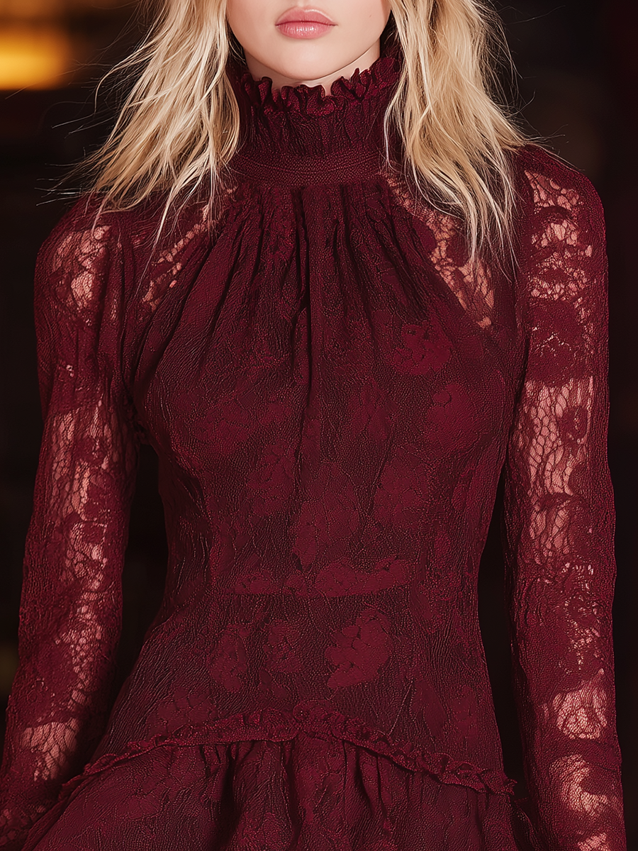 Retro Sexy Elegant Stand-up Collar Lace Mini Dress