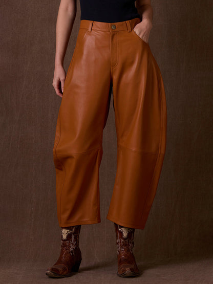 High-end Stylish Pumpkin-colored Faux Leather Curved Pants