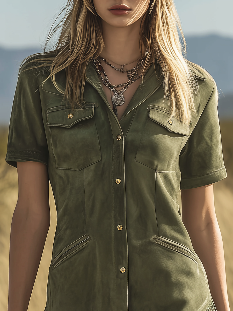 Retro Western-style Lapel Short-sleeved Multi-pocket Faux Suede Mini Dress