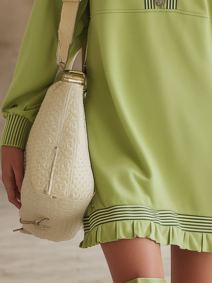 Trendy Sporty Fluorescent Green Striped Sweatshirt Mini Dress