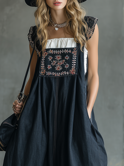 Retro Bohemian Embroidered Suspender Dark Blue Maxi Dress