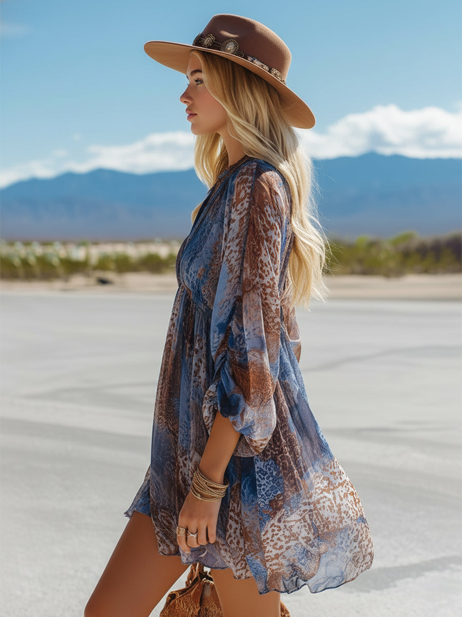 Retro Western-Style Blue Ombré Animal Print Chiffon Mini Dress