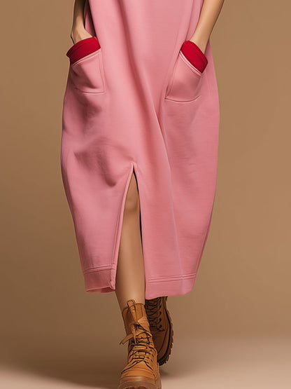 Sporty Retro Red Pocket Pink Cotton Blend Sleeveless Slit Midi Dress