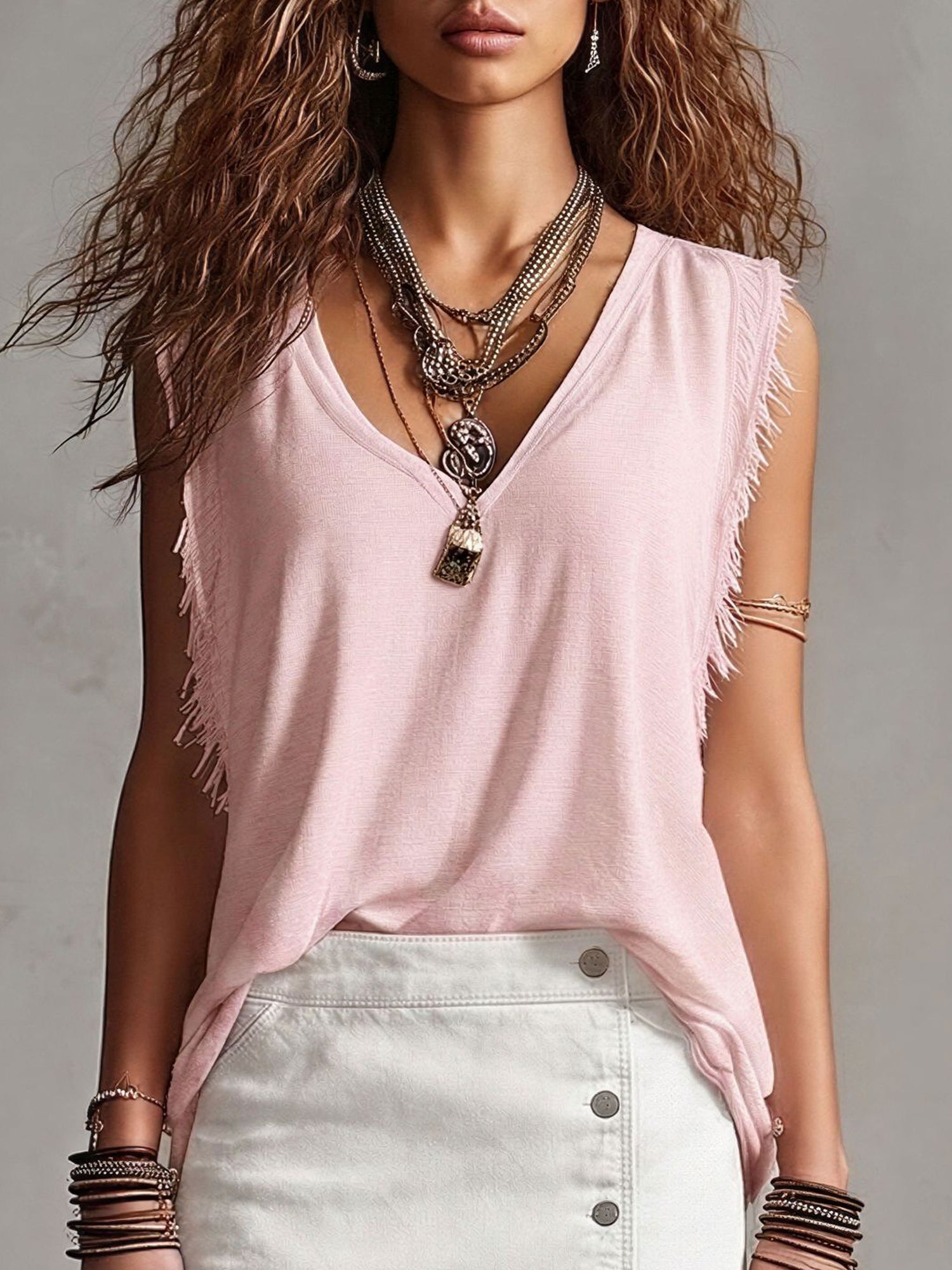 Western Retro Creamy White Cotton V-Neck Sleeveless Frayed Edge Top