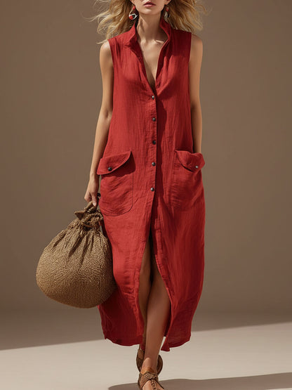 Retro-style Sleeveless Cardigan Red Cotton-linen Maxi Dress