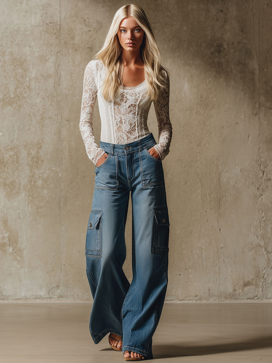 Retro Multi-pocket Workwear Denim Pants