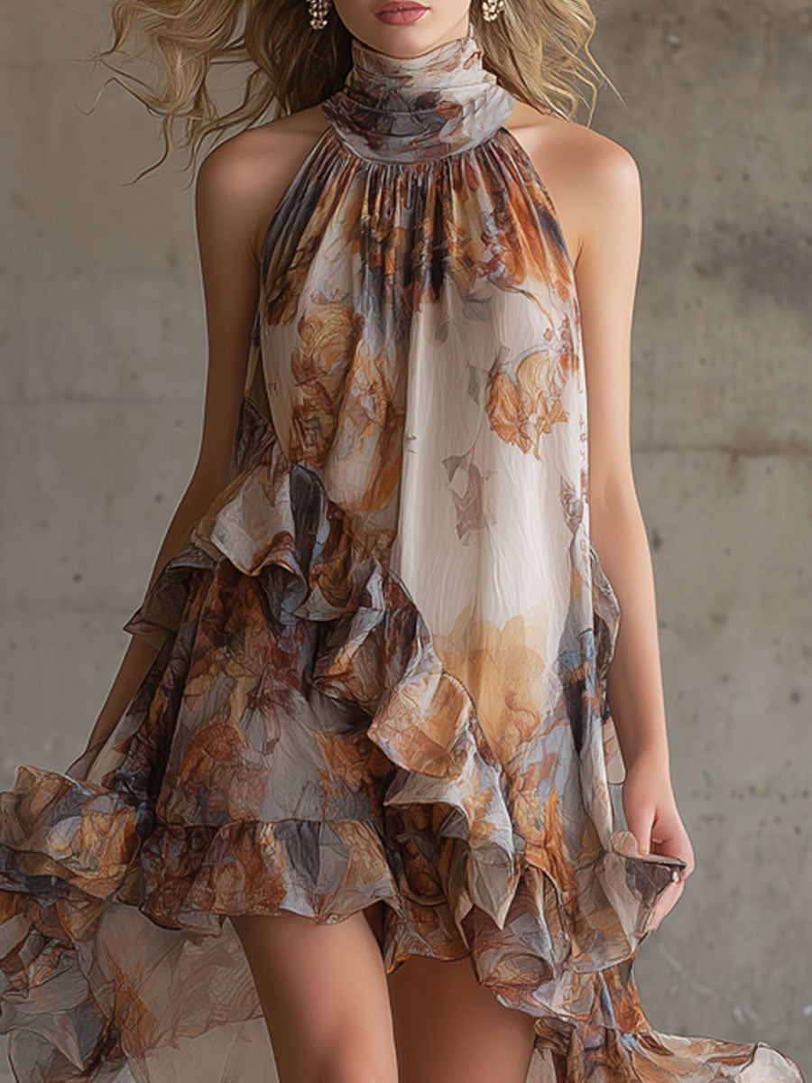 Fashionable Retro Printed Orange Chiffon Ruffle Halter Neck Sleeveless Midi Dress