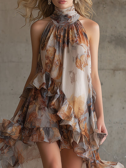 Fashionable Retro Printed Orange Chiffon Ruffle Halter Neck Sleeveless Midi Dress