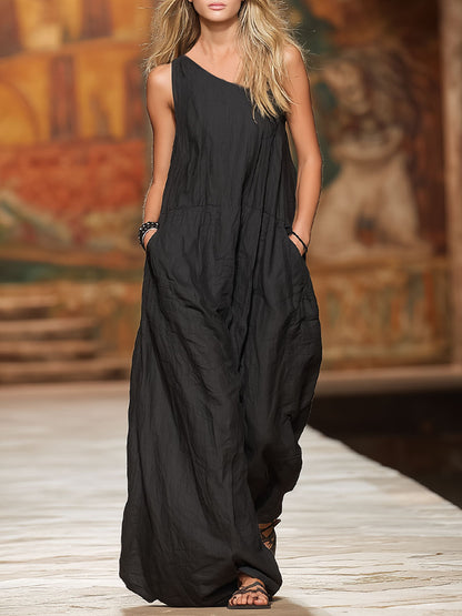 Slanted Collar Double-pocketed Cotton And Linen Sleeveless Maxi Dress