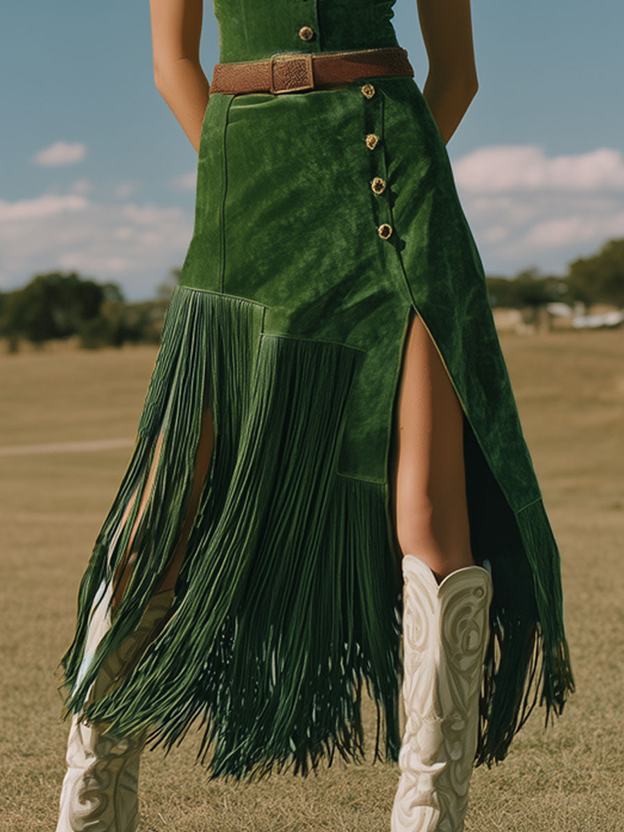 Western Retro Green Tassel Faux Suede Slit Sleeveless Midi Dress