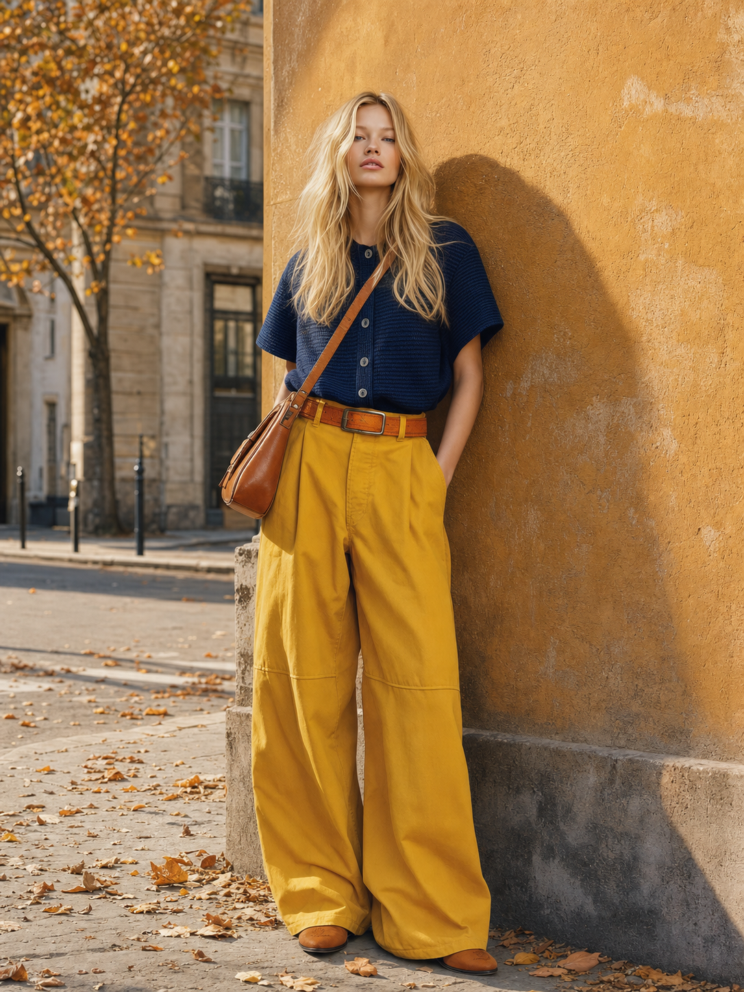 Retro-casual Western-style Blue Knit Top And Yellow Cotton-linen Trousers