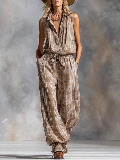 Lapel Collar Plaid Print Chiffon Sleeveless Jumpsuit