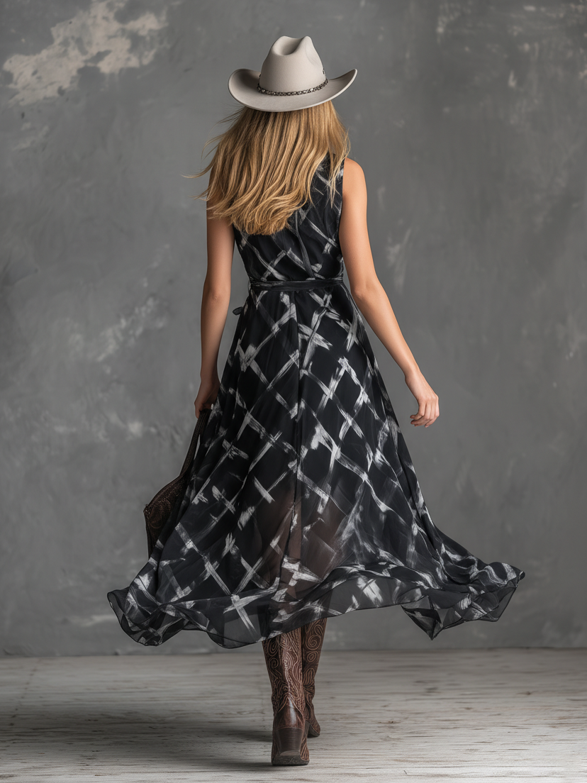 Stylish Retro V-neck Sleeveless Checkered Print Chiffon Maxi Dress