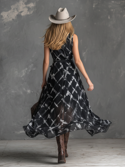 Stylish Retro V-neck Sleeveless Checkered Print Chiffon Maxi Dress