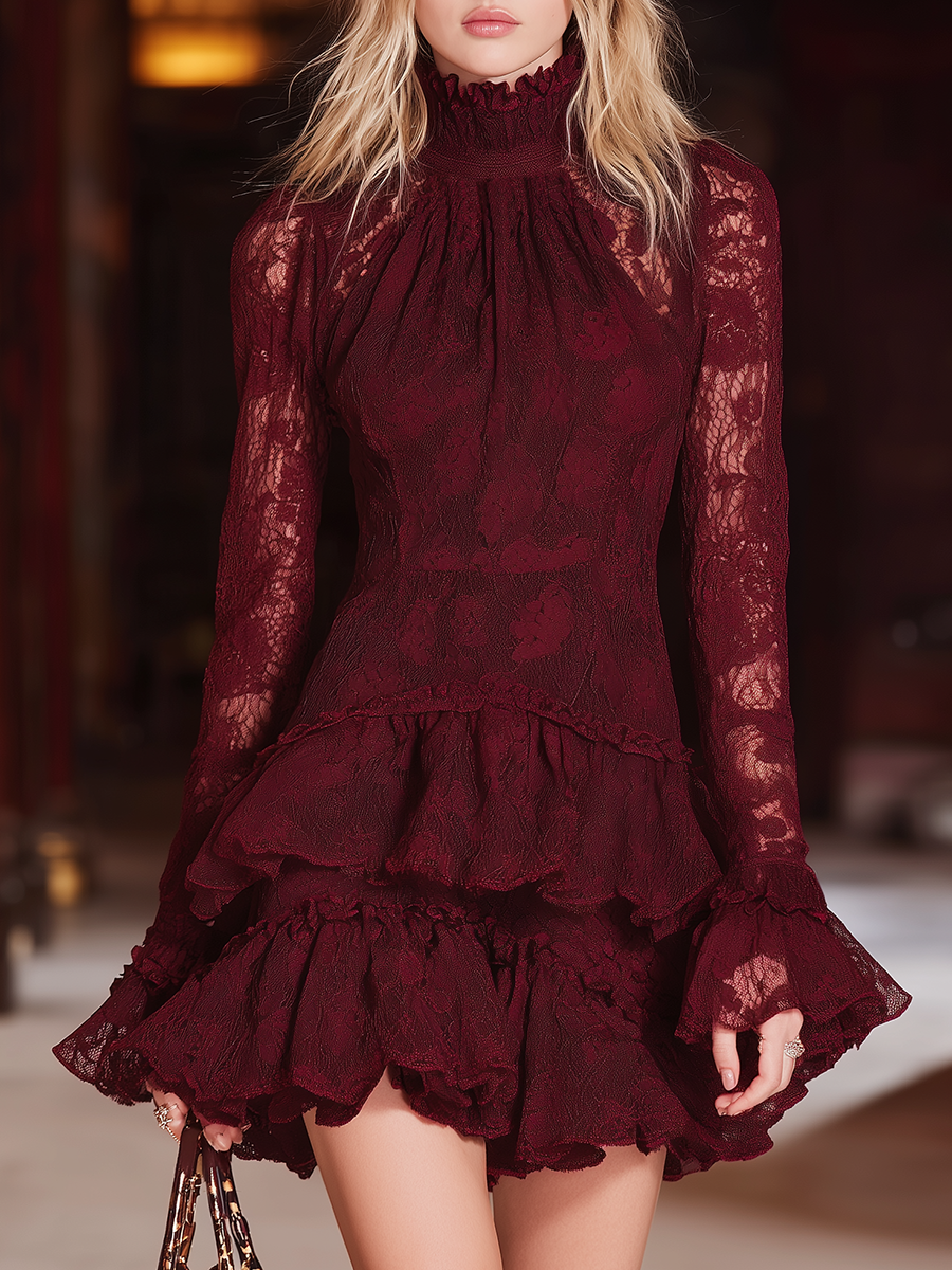 Retro Sexy Elegant Stand-up Collar Lace Mini Dress