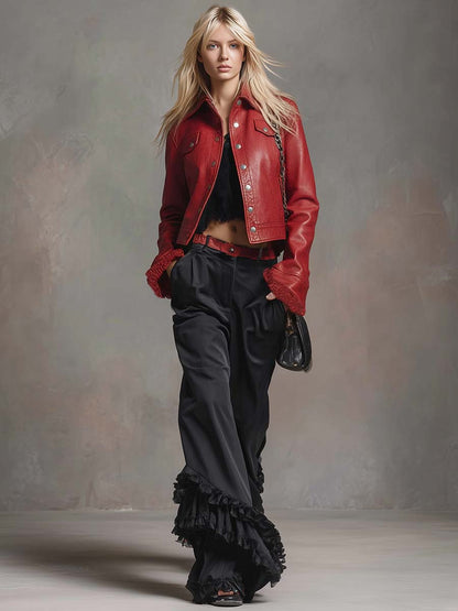 Vintage Versatile Lace Ruffled Hem Black Cotton Pants