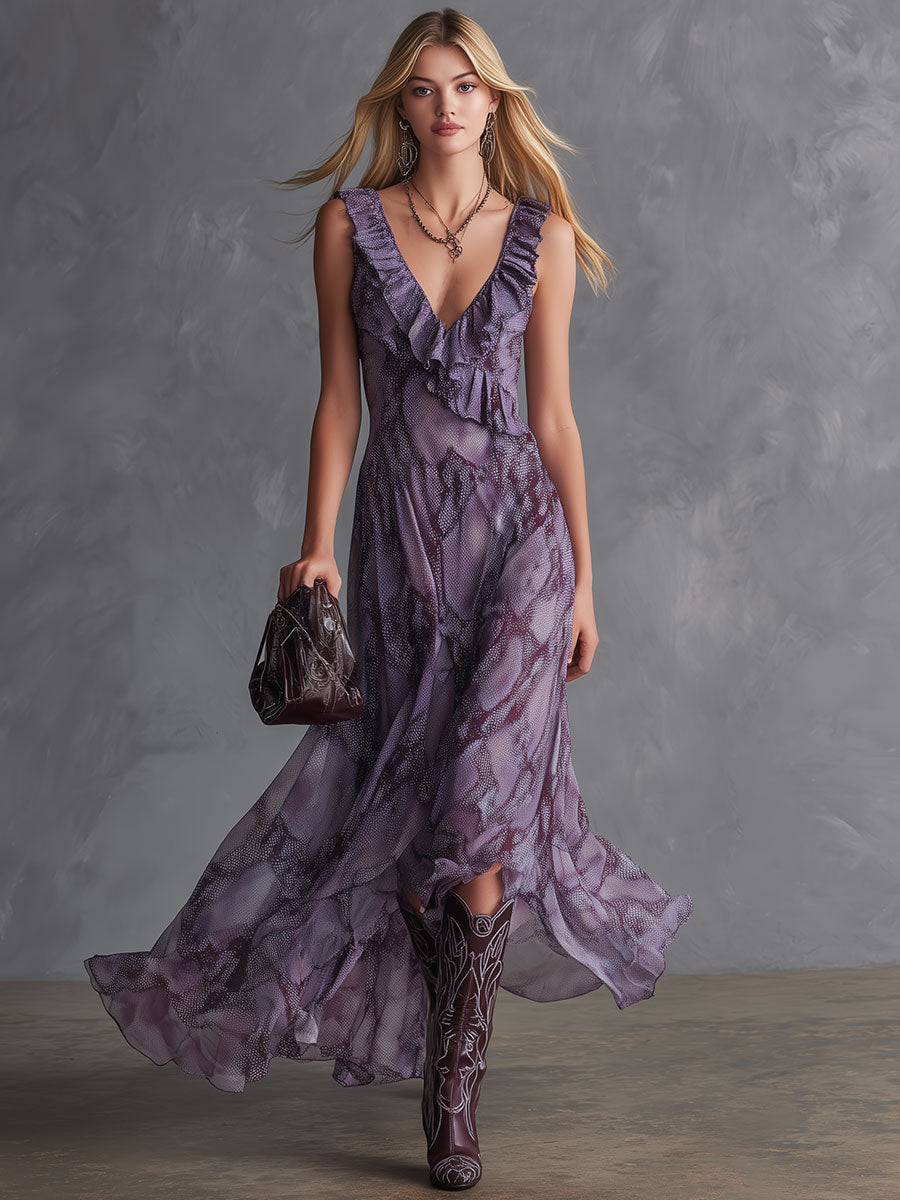 Retro-elegant Purple Snakeskin Sleeveless Ruffled V-neck Chiffon Midi Dress