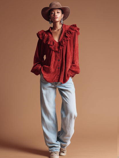 Western Retro Lace Ruffled Red Faux Suede Long-Sleeved Shirt