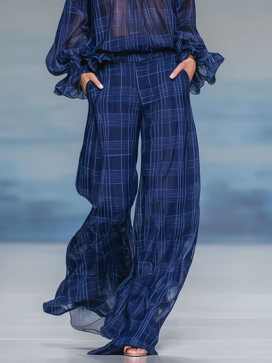 Plaid Print V-neck Ruffled Long-sleeved Top And Wide-leg Pants Set