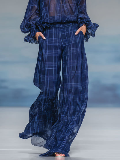 Plaid Print V-neck Ruffled Long-sleeved Top And Wide-leg Pants Set