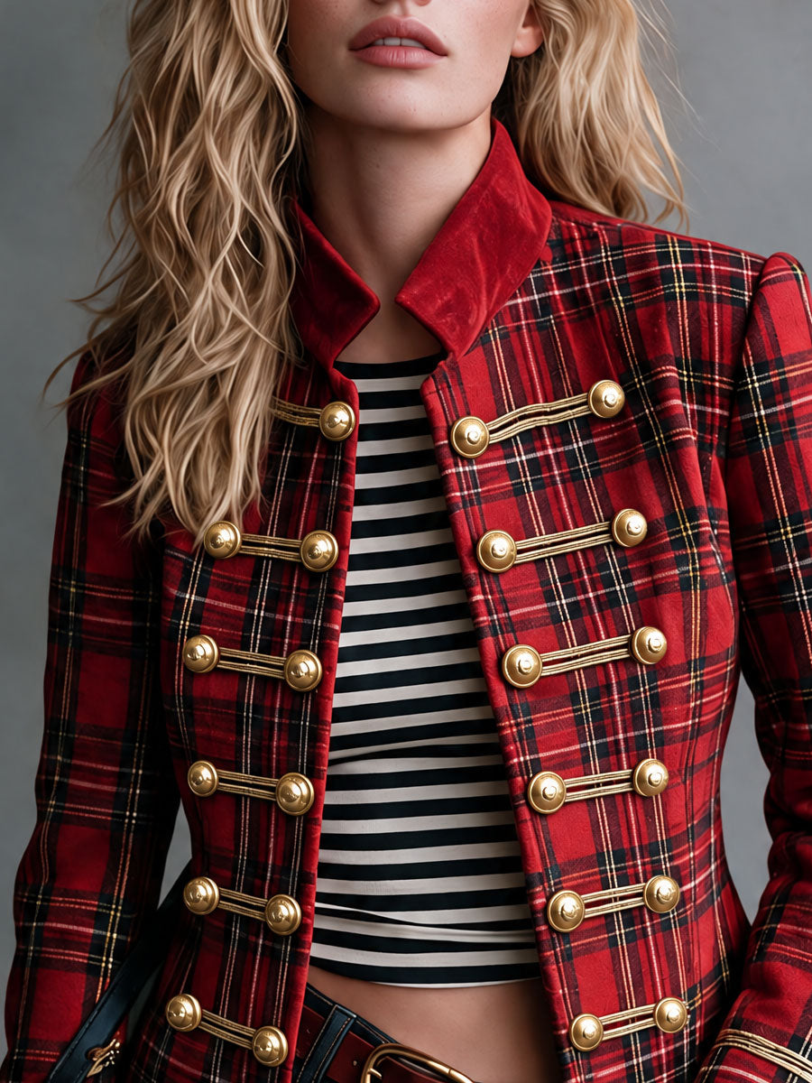 Retro Red Plaid Frog Button Velvet Collar Jacket