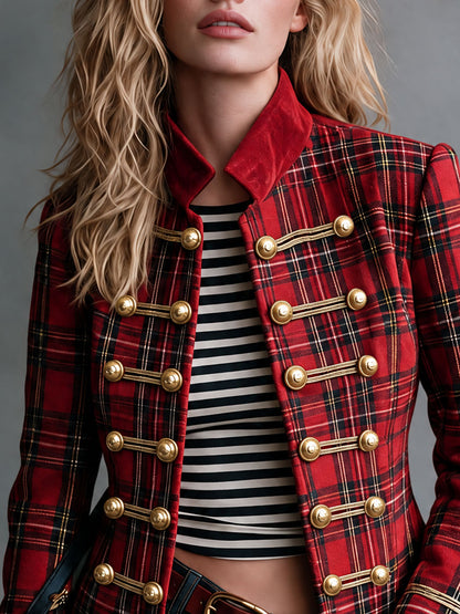 Retro Red Plaid Frog Button Velvet Collar Jacket