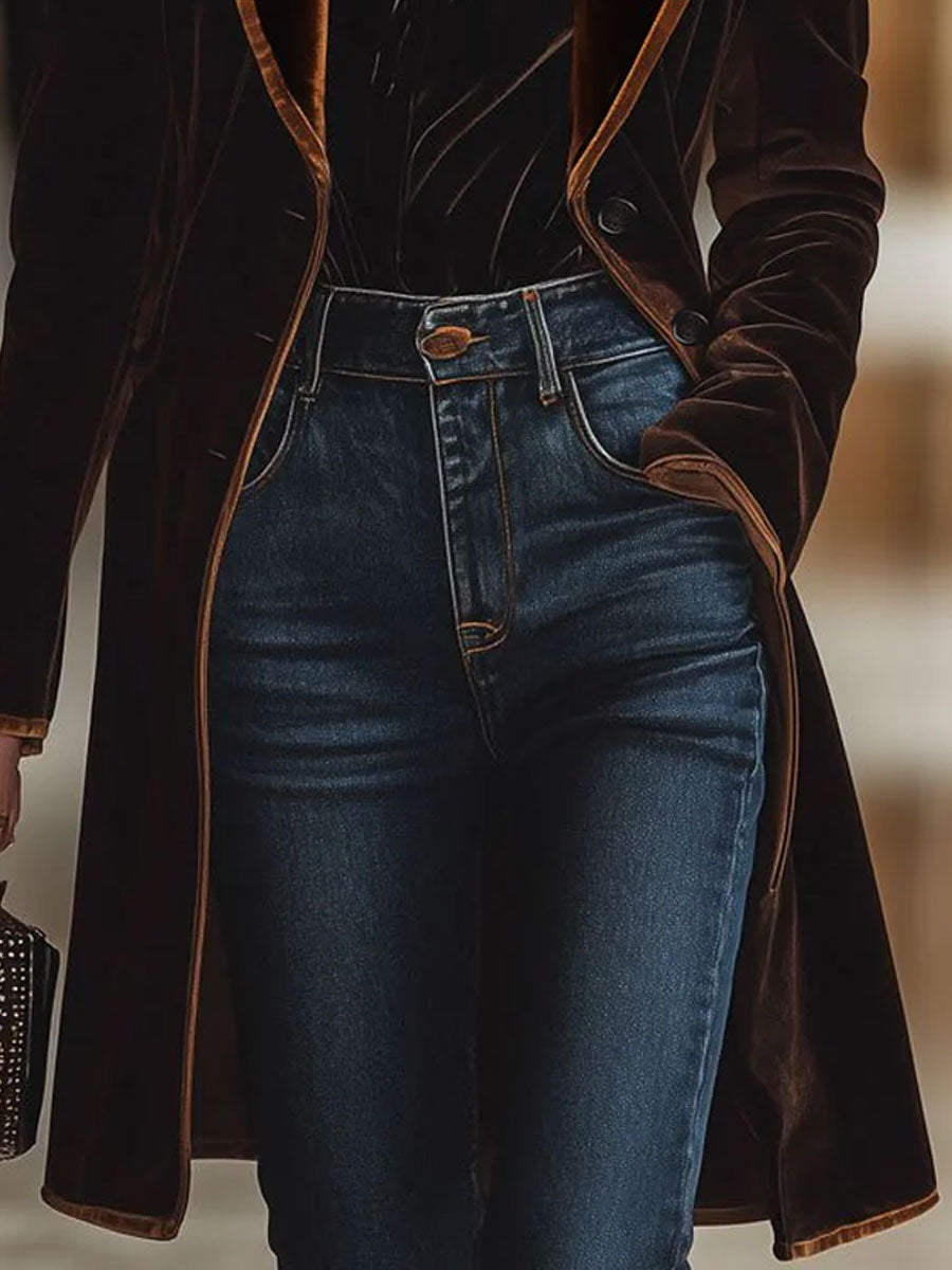 Casual Loose Vintage Velvet Colorblock Lapel Pocket Coat