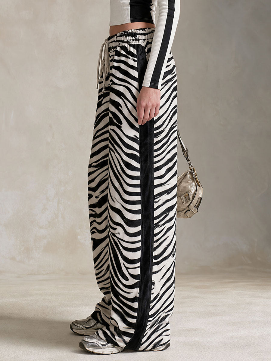Casual Retro Black And White Color-blocked Zebra Print Faux Suede Pants