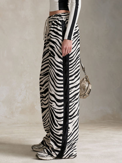Casual Retro Black And White Color-blocked Zebra Print Faux Suede Pants