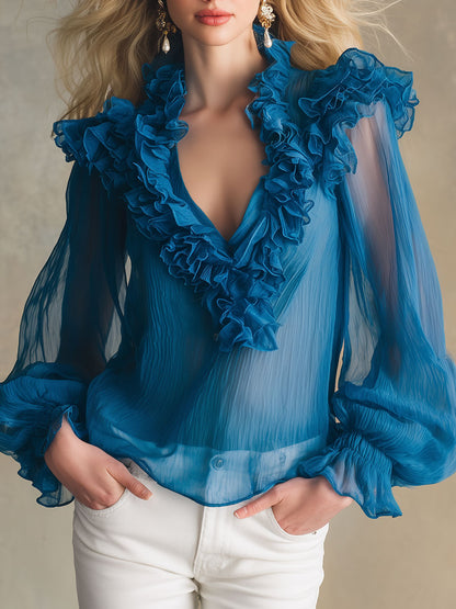 Stylish And Elegant Blue Ruffled Chiffon V-neck Shirt