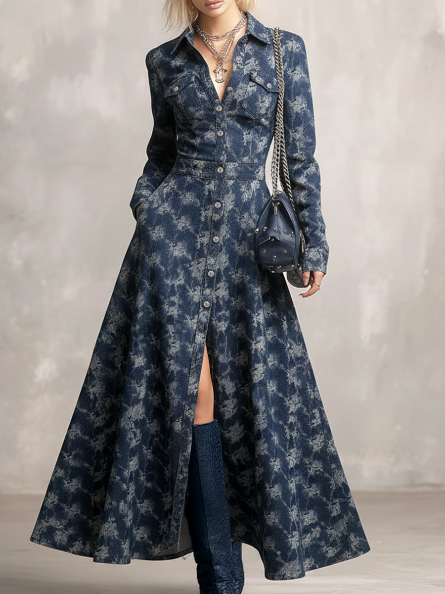 Trendy And Unique Rose Print Collared Blue Denim Button-down Maxi Dress