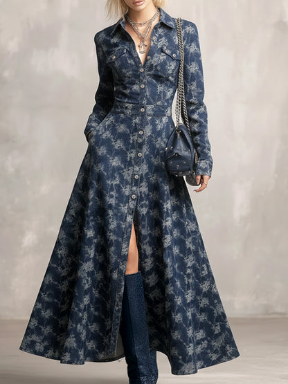 Trendy And Unique Rose Print Collared Blue Denim Button-down Maxi Dress